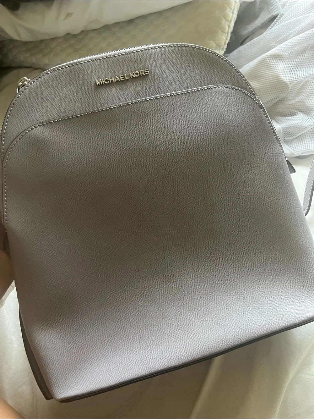 MICHAEL KORS Pale Gray Saffiano Leather Backpack with Gold Hardware